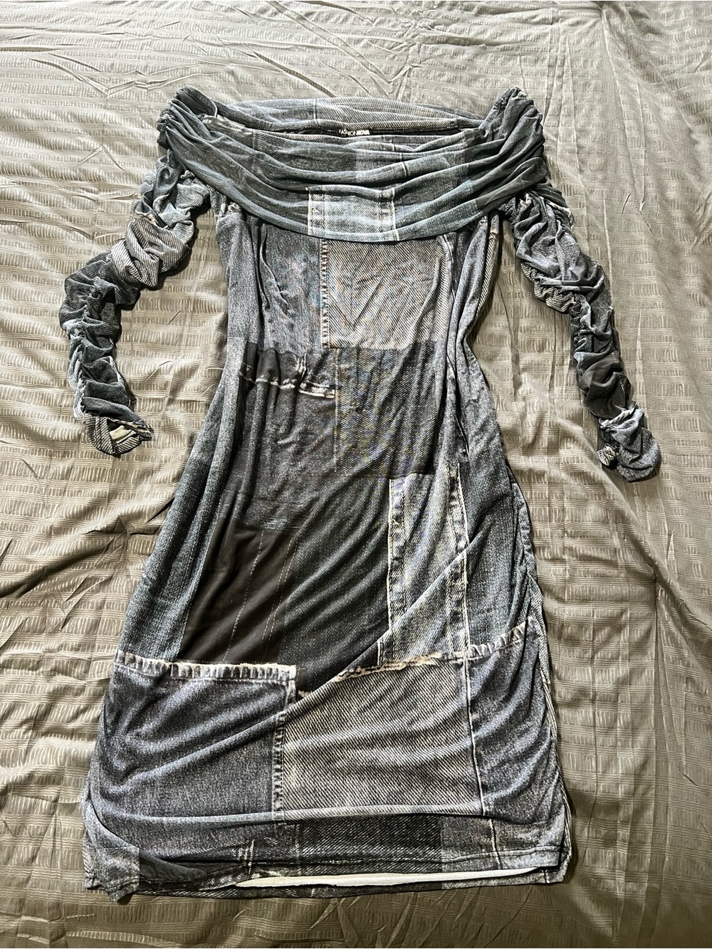 Fashion Nova Women’s Off-Shoulder Long Sleeve Patchwork Dress - Gray
